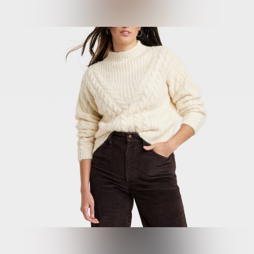 NWT Women's Cable Mock Turtleneck Pullover Sweater - Universal Thread™ Cream XL
